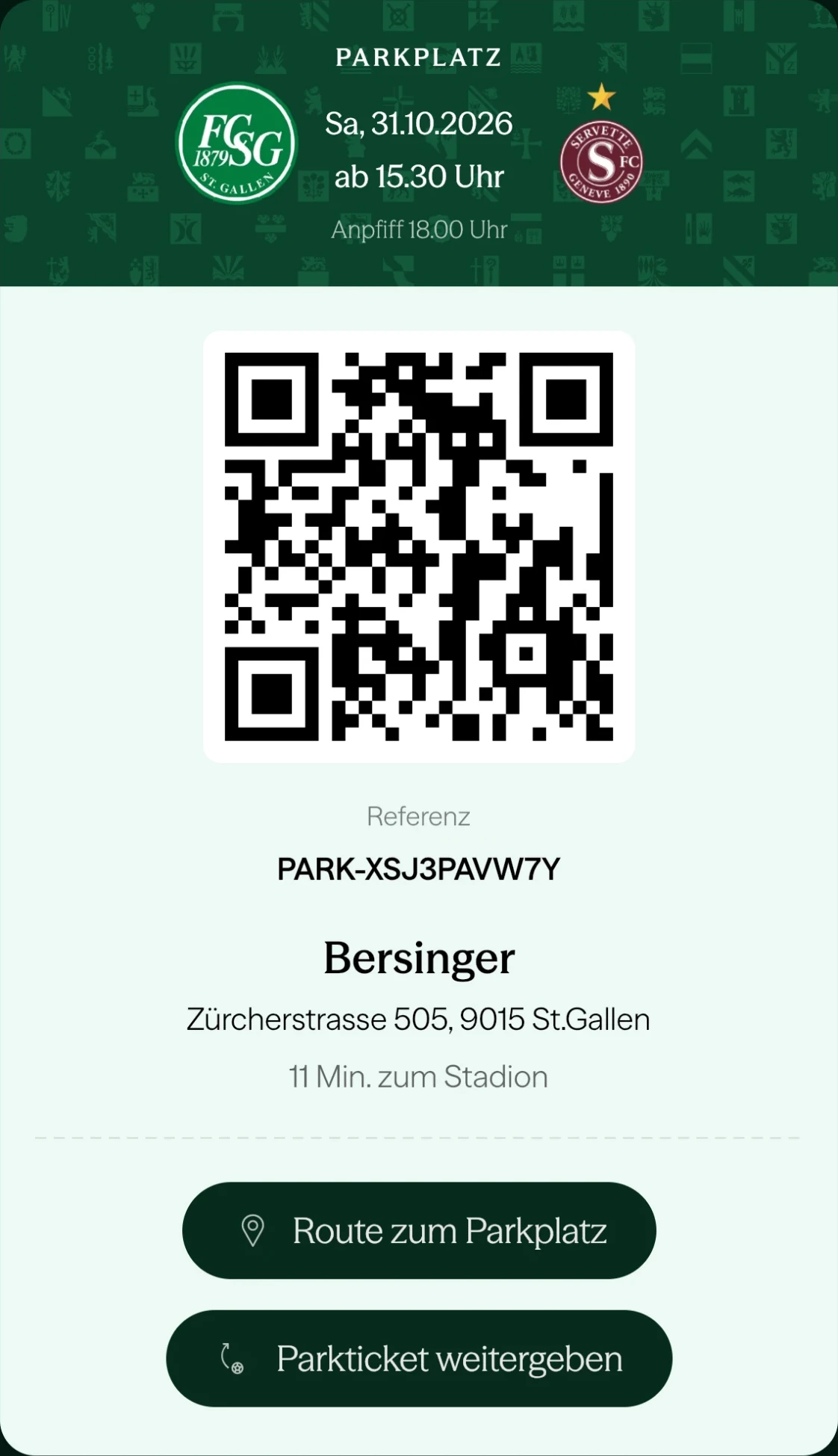 Parkticket in der FCSG-App: Parkplatz Bersinger, QR-Code und Referenz PARK-XSJ3PAVW7Y
